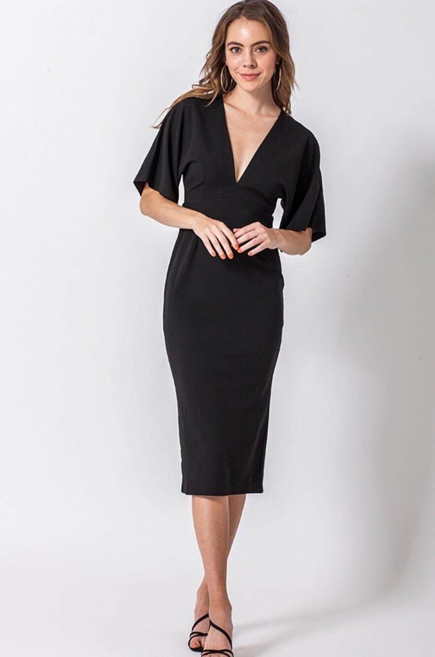 NWT Topshop Black V-Neck Kimono Sleeve Cutout Back Midi Dress Size 2